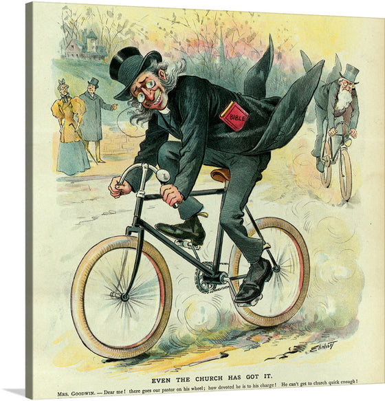 This print is a satirical illustration from the late 19th century. It depicts a man in a top hat and tails riding a bicycle with a Bible in his pocket. The title “Even the Church Has Got It” suggests that the artist is poking fun at the idea of the church embracing modern technology and trends.