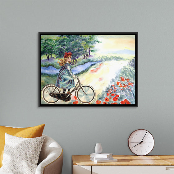 "Vintage Girl Cycling Countryside", Karen Arnold