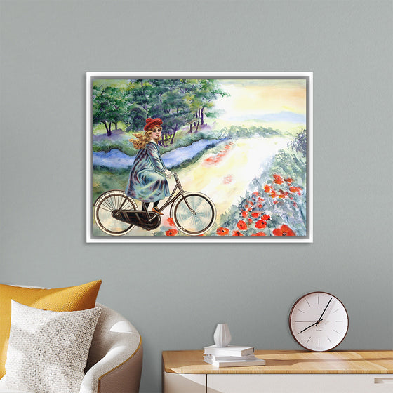 "Vintage Girl Cycling Countryside", Karen Arnold