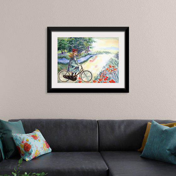 "Vintage Girl Cycling Countryside", Karen Arnold