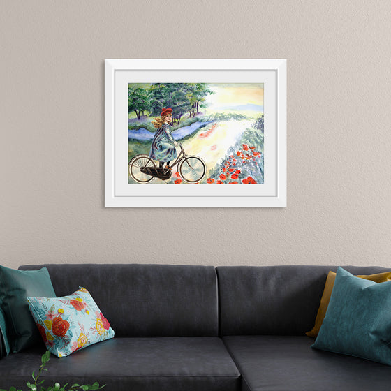 "Vintage Girl Cycling Countryside", Karen Arnold