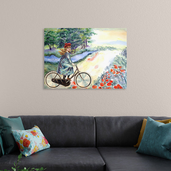 "Vintage Girl Cycling Countryside", Karen Arnold