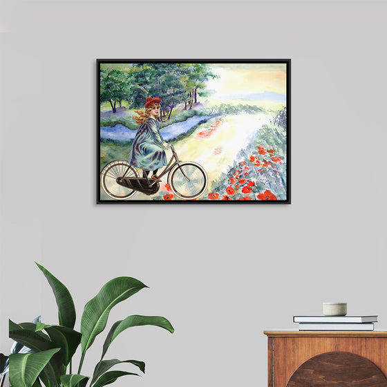 "Vintage Girl Cycling Countryside", Karen Arnold