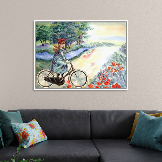 "Vintage Girl Cycling Countryside", Karen Arnold