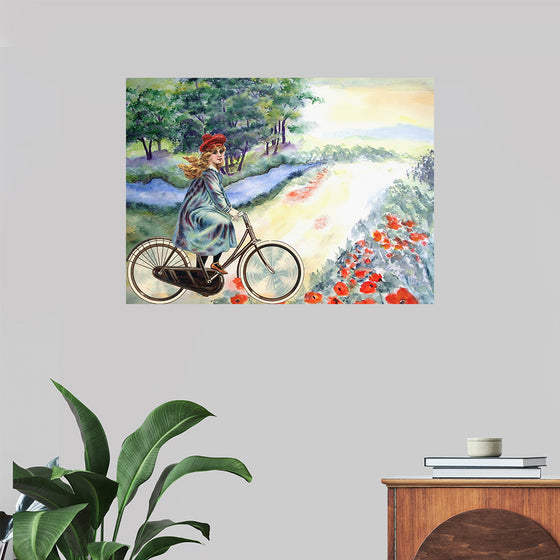 "Vintage Girl Cycling Countryside", Karen Arnold