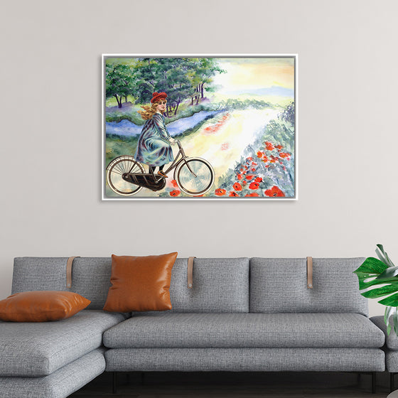 "Vintage Girl Cycling Countryside", Karen Arnold