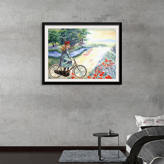 "Vintage Girl Cycling Countryside", Karen Arnold