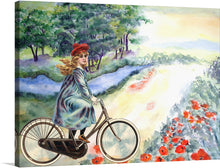  Immerse yourself in the serene beauty of this exquisite print. The artwork captures a timeless journey through nature. A figure, adorned in a flowing dress, cycles along a picturesque path surrounded by lush greenery and blooming flowers. The vibrant hues of the landscape blend harmoniously, evoking a sense of peace and tranquility. 