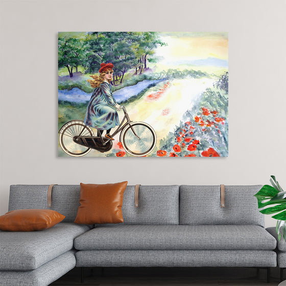 "Vintage Girl Cycling Countryside", Karen Arnold