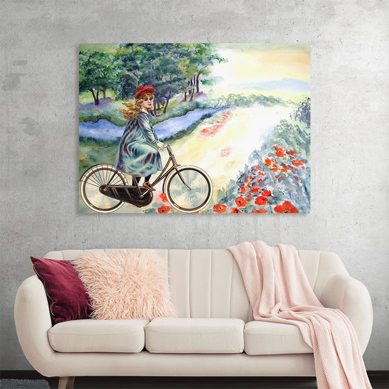 "Vintage Girl Cycling Countryside", Karen Arnold