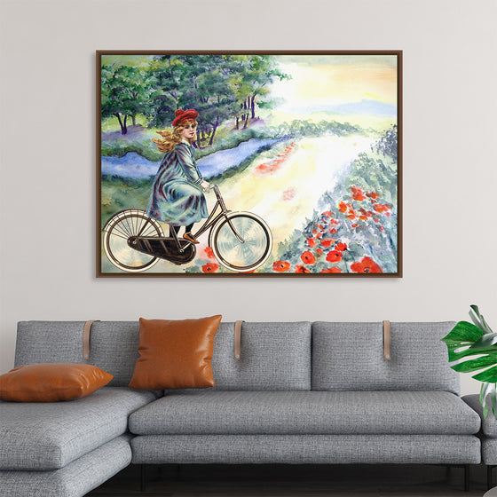 "Vintage Girl Cycling Countryside", Karen Arnold