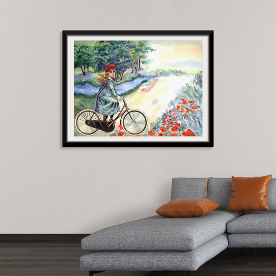 "Vintage Girl Cycling Countryside", Karen Arnold