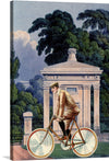 “Boy Cycling” by Karen Arnold is a mesmerizing blend of classic and contemporary art, capturing the essence of motion and serenity in one frame. The artwork features a young boy, adorned in vintage attire, gracefully cycling past an architectural marvel nestled amidst lush greenery. The juxtaposition of the boy’s dynamic energy against the tranquil backdrop creates a visual symphony that beckons viewers into a world where time stands still. 