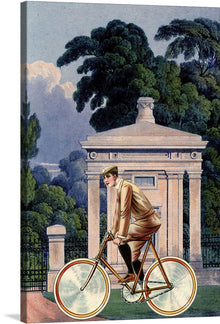  “Boy Cycling” by Karen Arnold is a mesmerizing blend of classic and contemporary art, capturing the essence of motion and serenity in one frame. The artwork features a young boy, adorned in vintage attire, gracefully cycling past an architectural marvel nestled amidst lush greenery. The juxtaposition of the boy’s dynamic energy against the tranquil backdrop creates a visual symphony that beckons viewers into a world where time stands still. 