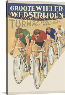  Immerse yourself in the dynamic energy of competitive cycling with this stunning print of a vintage artwork. The piece captures four cyclists, adorned in vibrant attire, as they fiercely compete in a race. Every stroke and color blend seamlessly to evoke motion and intensity, making it a captivating addition to any space. 