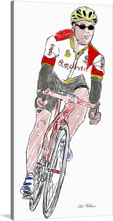  Immerse yourself in the dynamic world of cycling with this captivating artwork. The drawing showcases a cyclist in striking red and white hues, exuding a sense of speed and determination. 