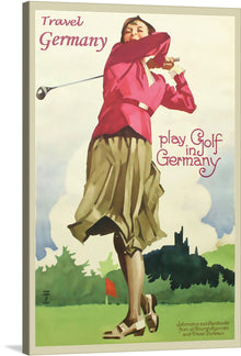  This vintage travel poster, hailing from the heart of Germany, is a delightful fusion of sport and travel. It captures a moment frozen in time, as a woman, adorned in a vibrant pink ensemble, takes a swing on a lush golf course. 