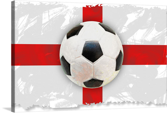 This stunning print of a soccer ball sitting on top of the English flag is a must-have for any fan of English football or art. The soccer ball is black and white, and it has a red cross on it. The flag of England is red and white, and it has a white cross on it.