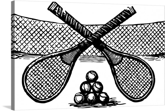 “Tennis” invites you to immerse yourself in the dynamic energy of the game. This striking monochromatic artwork captures the essence of tennis—an exquisite blend of grace, agility, and competition. Two crossed tennis rackets take center stage, their strings and handles rendered with exquisite detail, evoking a sense of motion and anticipation. Below them, a pyramid of tennis balls awaits—the promise of endless rallies and victories. 