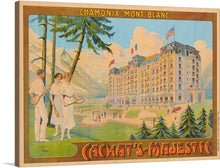  “France, Mont Blanc Travel Poster” is a vintage-style artwork that captures the timeless elegance and romantic charm of Chamonix-Mont-Blanc. The poster features a majestic hotel standing proudly against the backdrop of awe-inspiring mountains, with two elegantly dressed figures in the foreground. 