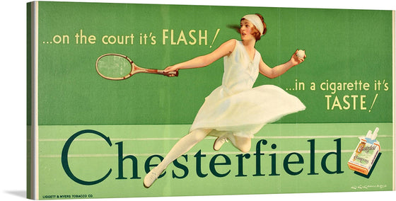 Capture the vintage charm with this exquisite print, a nostalgic nod to classic advertising. The artwork features an elegant tennis player in mid-action, her grace and athleticism frozen in time against a vibrant green backdrop. The energy and movement are palpable - a dance between sport and artistry. The bold typography of “Chesterfield” anchors the image, offering a glimpse into an era where elegance and style reigned supreme. 