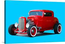  This red hot rod, with its chrome engine and white-walled tires, looks like it just rolled off the set of a 50s' rock and roll movie. The whole thing is a mechanical masterpiece, a testament to the power of American ingenuity and muscle.