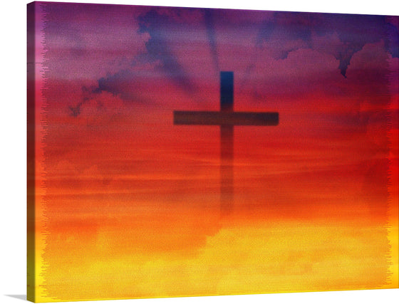 “Cross” is a beautiful print that features a cross in the center of a colorful background. The background is a gradient of yellow, orange, red, and purple, with clouds scattered throughout. This print would make a great addition to any home or office.