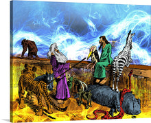  “Noah’s Ark” is a stunning artwork that brings to life the biblical tale of salvation and divine intervention. The painting depicts Noah guiding various animals onto his ark, including a tiger, zebra, elephant, snake, and more. The vibrant hues capture the urgency, hope, and solemnity of this pivotal moment in mythical history. 