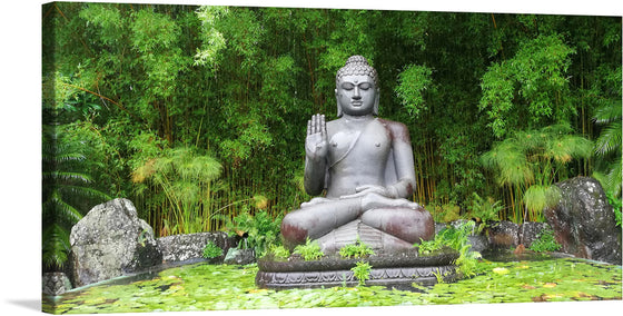 “Buddha Statue Surrounded By Greenery” is an exquisite piece that captures the tranquil elegance of a Buddha statue, rendered in a mesmerizing teal hue. The soft glow of a moon and the gentle presence of a teal lotus flower enhance the artwork, symbolizing purity and enlightenment. Every detail is meticulously crafted to transform your space into a sanctuary of relaxation. 