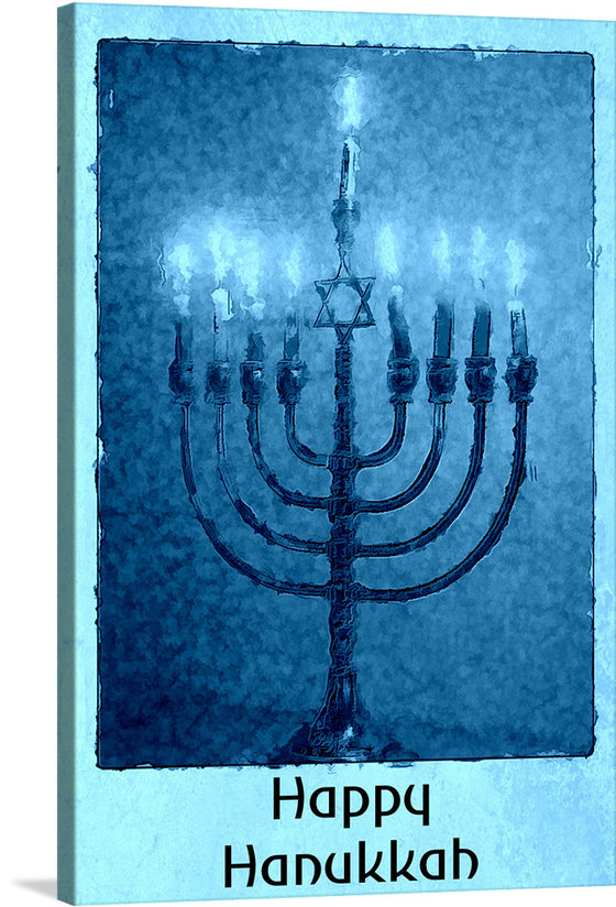 “Hanukkah Greeting” by Linnaea Mallette is a serene and holy artwork that captures the essence of Hanukkah. The deep, celestial blues infused with subtle, ethereal lights create a tranquil yet vibrant atmosphere. The meticulously crafted menorah stands as a symbol of enlightenment and hope, its candles illuminating the Star of David - an emblem of Jewish identity and heritage.