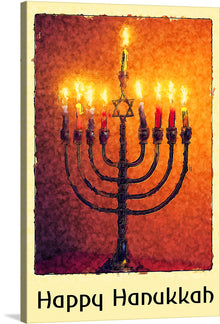  “Hanukkah Greeting” by Linnaea Mallette is a serene and holy artwork that captures the essence of the Festival of Lights in all its radiant glory. The print showcases a beautifully illustrated menorah, with each candle aflame, casting a warm and inviting glow that seems to dance off the canvas. 