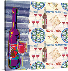  This exquisite artwork titled “Happy Passover Seder Greeting” is a vibrant and festive representation of the Passover celebration. The artwork features an abstract style with bold colors and shapes, with a prominent wine bottle and glass filled with red wine at the center.