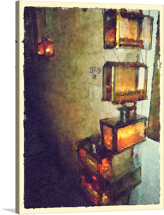 The “Hanukkah” artwork is a mesmerizing and warm piece that would make a great addition to any home or office. The artwork depicts several glowing lanterns hanging at different levels against a textured backdrop. Each lantern emits a warm, orange glow that contrasts beautifully with the muted tones of the background.
