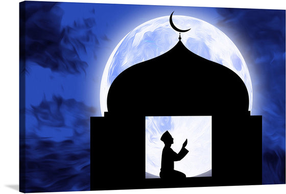 Immerse yourself in the serene beauty of this exquisite artwork, now available as a premium print. The silhouette of an individual in prayer is gracefully outlined against the backdrop of a luminous full moon, illuminating the night with its ethereal glow. The majestic dome, adorned with a delicate crescent moon, stands as a symbol of architectural elegance and spiritual solace. 