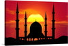 Immerse yourself in the serene beauty of “Mosque Masjid Galaxy Islam Religion,” a captivating artwork that encapsulates the harmonious blend of spirituality and nature. The silhouette of an intricate mosque, adorned with majestic spires, stands against the backdrop of a mesmerizing sunset, where hues of deep orange and red paint the sky and reflect upon tranquil waters below. 