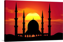  Immerse yourself in the serene beauty of “Mosque Masjid Galaxy Islam Religion,” a captivating artwork that encapsulates the harmonious blend of spirituality and nature. The silhouette of an intricate mosque, adorned with majestic spires, stands against the backdrop of a mesmerizing sunset, where hues of deep orange and red paint the sky and reflect upon tranquil waters below. 