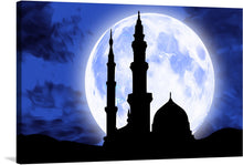  “Mosque Masjid Moon” is a captivating artwork that encapsulates the tranquil essence of Eid and Ramadan. The silhouetted mosque, with its intricate design and towering minarets, stands majestically against the backdrop of a luminous full moon.