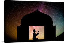  Immerse yourself in the celestial beauty of this exquisite artwork, now available as a premium print. The silhouette of an architectural marvel, inspired by Islamic architecture, stands against a backdrop of a star-studded sky, where galaxies and constellations tell tales of the infinite universe. Inside, a lone figure is captured in a moment of serene reflection, adding an element of mystique and introspection. 