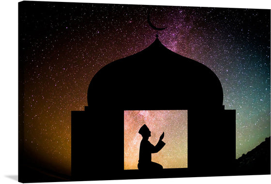 Immerse yourself in the celestial beauty of this exquisite artwork, now available as a premium print. The silhouette of an architectural marvel, inspired by Islamic architecture, stands against a backdrop of a star-studded sky, where galaxies and constellations tell tales of the infinite universe. Inside, a lone figure is captured in a moment of serene reflection, adding an element of mystique and introspection. 