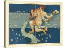  This celestial masterpiece, a print of a vintage artwork, invites you to embark on a cosmic journey. The artwork features a majestic figure, dressed in classical attire, gracefully striding across the cosmos, weaving constellations into existence. Each star is meticulously detailed, casting a golden glow against the deep blue backdrop. 