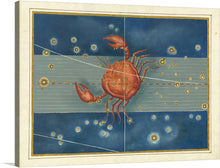  This exquisite print invites you to embark on a celestial journey through the constellations. At the heart of the artwork is a majestic crab, rendered in rich hues of red and orange, emerging from the deep blue canvas of the night sky. Each star, meticulously painted, twinkles against this dark backdrop, connected by fine lines that weave a tale as ancient as time. 