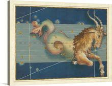  This exquisite print invites you to explore the celestial world, where art and astronomy intertwine. At the heart of the artwork is a mythical creature, a fusion of a majestic lion and an elegant sea creature, set against the backdrop of the starry night sky. The intricate lines mapping constellations and golden stars shimmering in the deep blue expanse add an element of mystique.