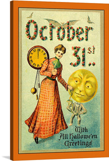  Step into the enchanting world of Halloween with this vintage-style print. Rich in color and intricate in detail, this artwork perfectly encapsulates the whimsical yet eerie spirit of October 31st. It features a figure in an ornate dress standing beside an iconic pendulum clock pointing to the witching hour, surrounded by festive Halloween greetings. 