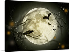  “Halloween” is a mesmerizing artwork that captures the mystical allure of All Hallows’ Eve. The image depicts an eerie yet enchanting Halloween-themed scene, with a large full moon illuminating the center. Silhouetted against the moon are bats flying and bare tree branches stretching out. A single raven is perched on one branch, adding to the mystical ambiance.