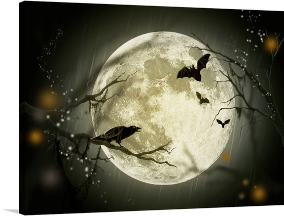 “Halloween” is a mesmerizing artwork that captures the mystical allure of All Hallows’ Eve. The image depicts an eerie yet enchanting Halloween-themed scene, with a large full moon illuminating the center. Silhouetted against the moon are bats flying and bare tree branches stretching out. A single raven is perched on one branch, adding to the mystical ambiance.