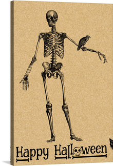  This print features a meticulously detailed skeleton extending its bony hand to a mysterious blackbird perched with grace. Set against a rustic backdrop, the words “Happy Halloween” are inscribed below, adding a festive touch to this darkly beautiful artwork.