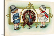  Step back in time with this charming “Thanksgiving Card” print, a delightful piece of art that captures the essence of a bygone era. Two adorable children, adorned in classic attire, are illustrated with intricate detail, their faces gleaming with the innocence and wonder of youth. They hold a majestic turkey within an ornate golden frame, symbolizing the heart of Thanksgiving - unity, gratitude, and the bountifulness of life.