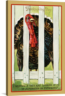  Immerse yourself in the nostalgic charm of this vintage Thanksgiving Day artwork, now available as a premium print. The piece captures a whimsically illustrated turkey, its vibrant feathers and expressive eyes artfully rendered, peering through the slats of a white picket fence. Above it, elegant lettering announces the holiday, while below, a playful caption adds an element of humor and reflection. 