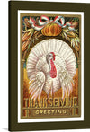 This Thanksgiving artwork, rich in color and artistry, is a celebration of gratitude and autumn’s abundance. The majestic turkey at the center, adorned with intricate white feathers, stands proud against a backdrop of bountiful harvest and elegant text. The vintage aesthetic and intricate designs add a touch of nostalgia, transporting you back to simpler times of communal gatherings and heartfelt thanksgivings.