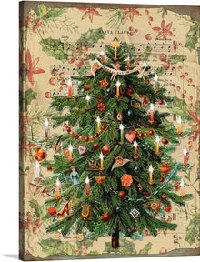  his vintage illustration of a Christmas tree is a perfect addition to your holiday decor. The tree is decorated with music notes, candles, and other festive ornaments. 